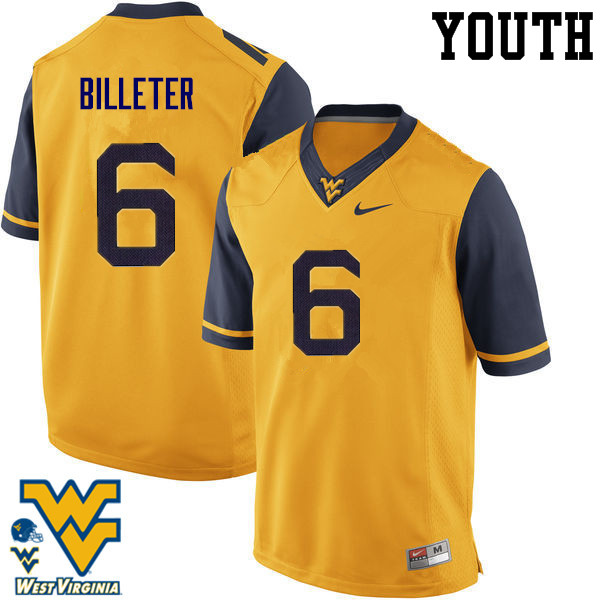 NCAA Youth Will Billeter West Virginia Mountaineers Gold #6 Nike Stitched Football College Authentic Jersey JK23R24CP